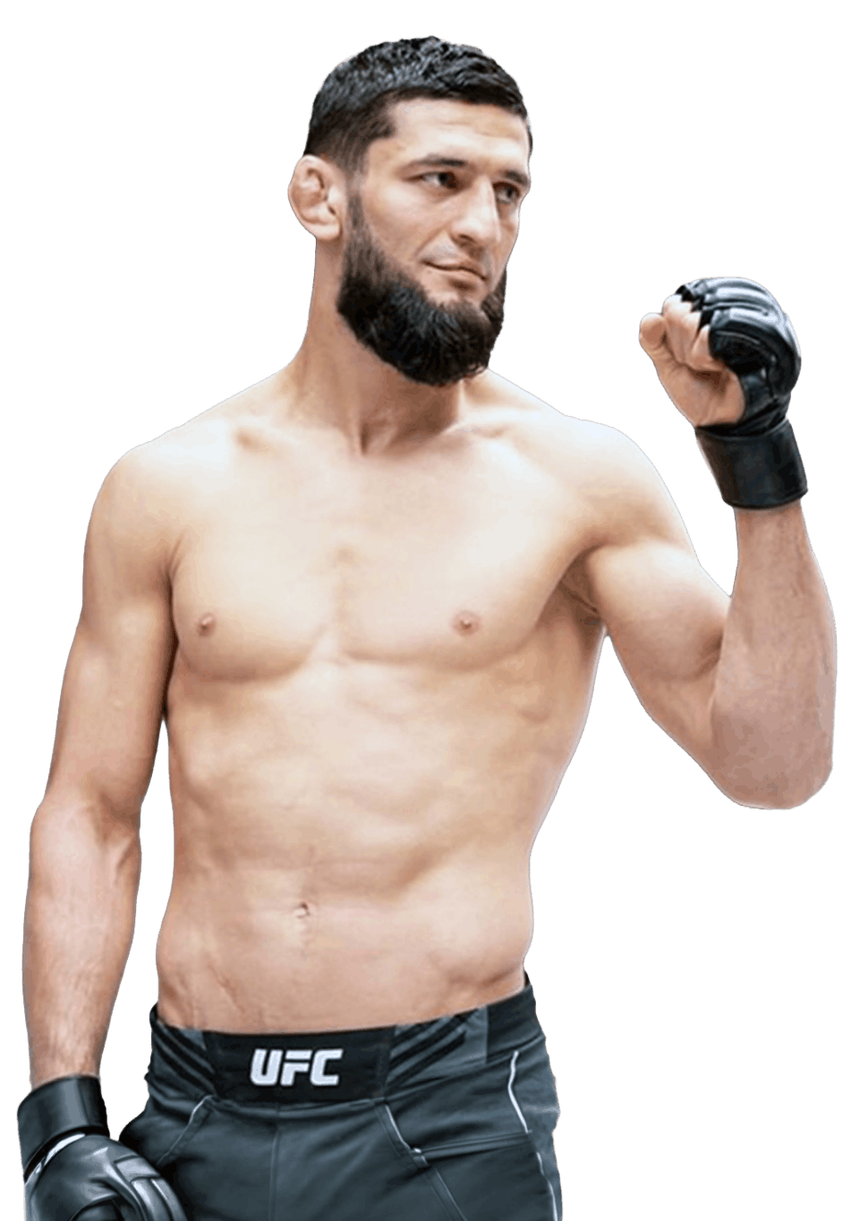 Khamzat Chimaev standing in fighting pose for photoshoot